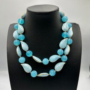 Vintage Necklace Gold Tone Aqua Blue Bead Enamel Leaf Double Strand Adjustable